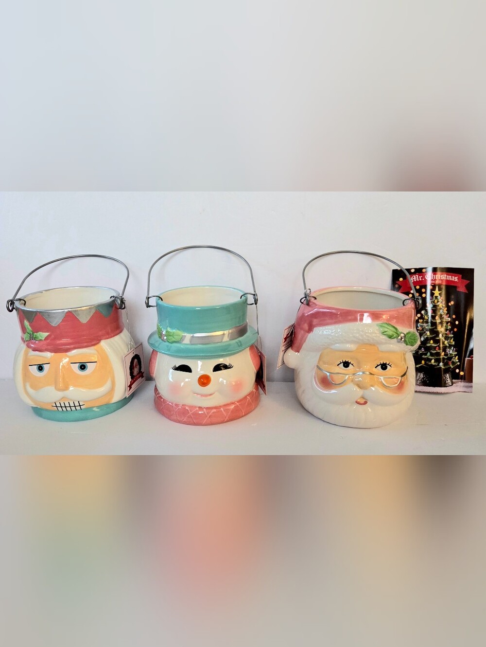 MR CHRISTMAS CERAMIC MINI HOLIDAY LANTERNS, SANTA, SNOWMAN, NUTCRACKER SET  NIB